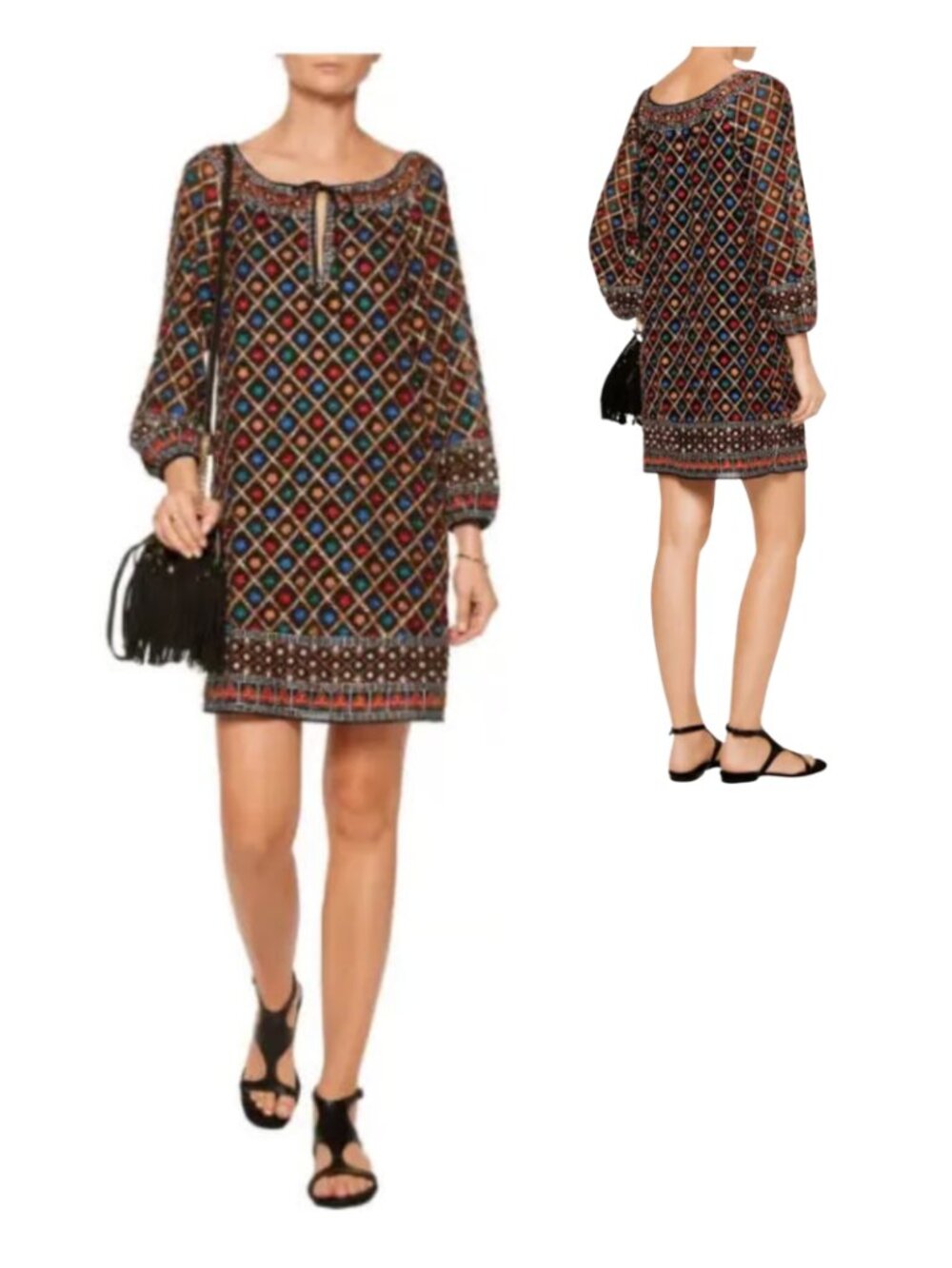 Alice + Olivia Gillian Embroidered Silk Shift Dress XS Boho Luxe Designer Dress